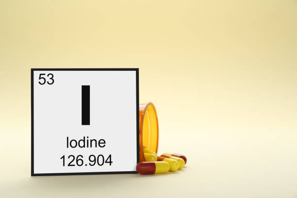 istock Card with iodine element, jar and pills on beige background. Space for text 1756786770
