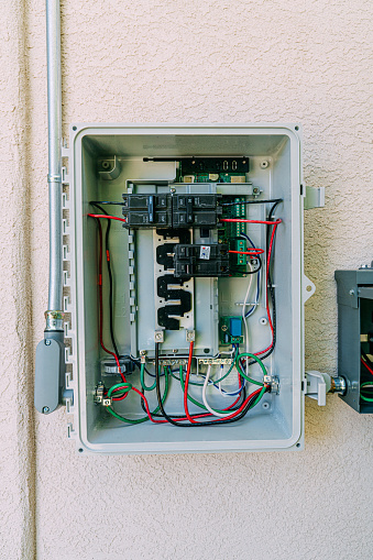 Small Plastic Electrical Breaker Panel and Solar Panel Monitoring Box on the Side of a Home in the USA