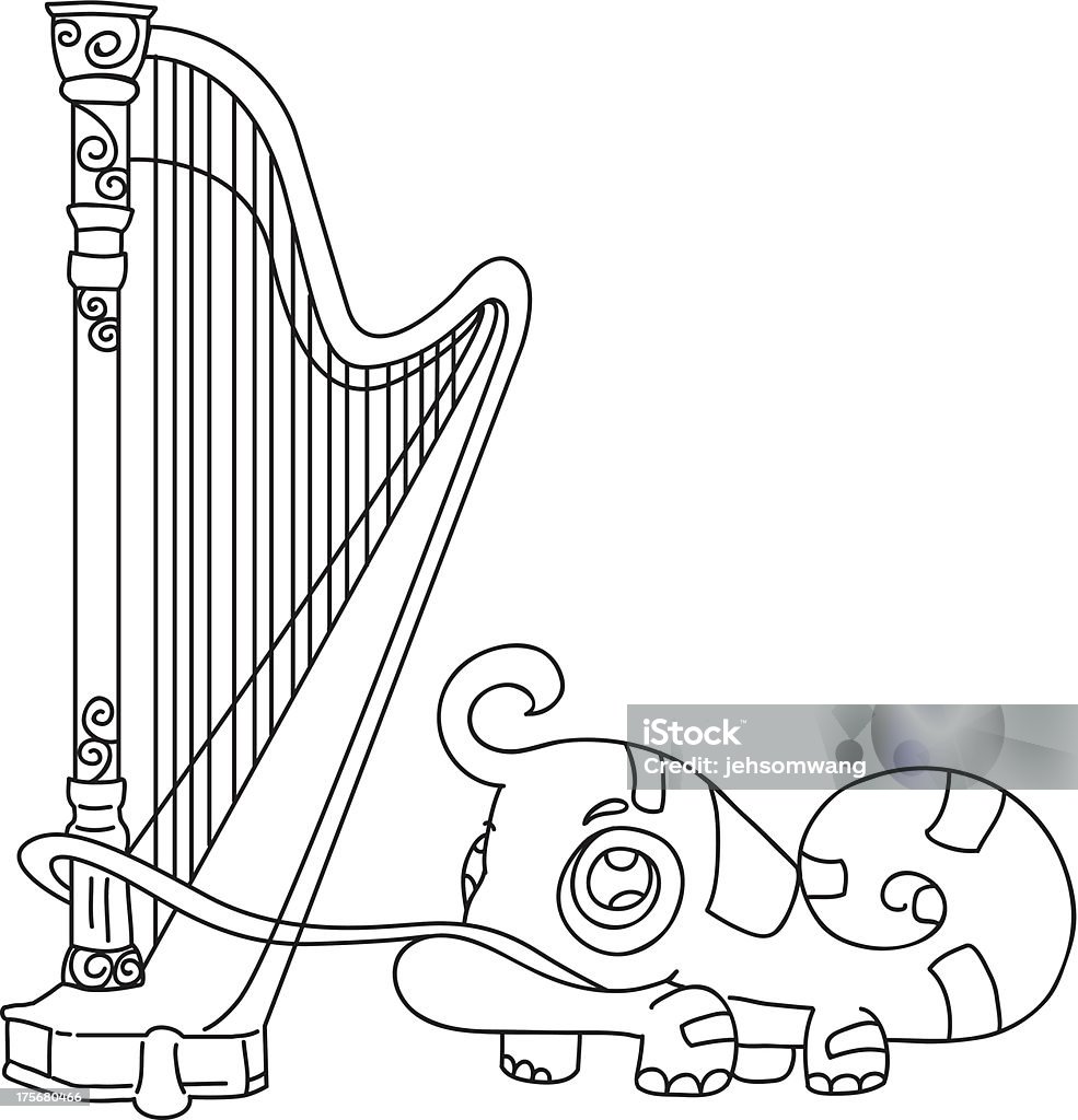 Iguane jouant Harpe dessiné à la main - clipart vectoriel de Accord - Écriture musicale libre de droits