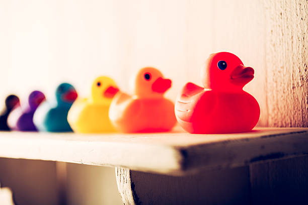 istock Colorful rubber ducks on shabby shelf 175683109