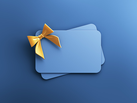 Empty Blue Gift Card With Gold Bow stock photo 3D illustration