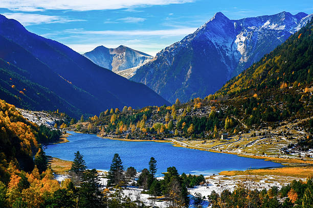 Lake in autumn mountains stock photo