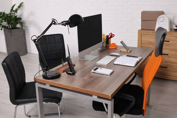 istock Stylish director's workplace with comfortable furniture, computer and accessories in office. Interior design 1756845808