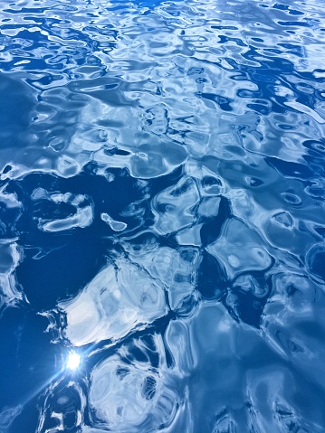 blue water background with sun rays and ripples, closeup of photo