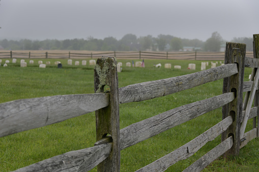 Old Alms House Cemetery. Gettysburg National Military Park. Foggy morning, Tombs out of focus