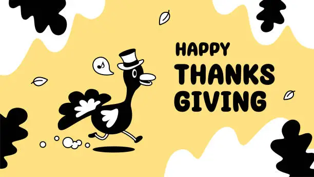 Vector illustration of A turkey with a top hat runs excitedly for Thanksgiving Day, a monochrome design