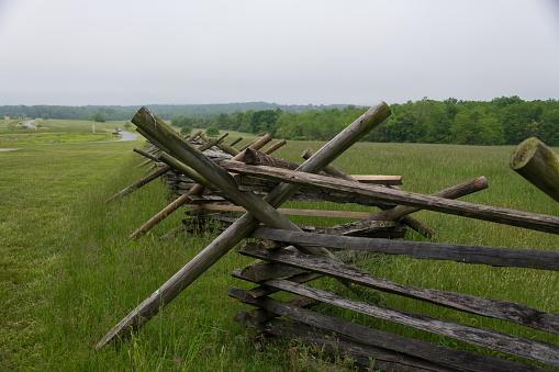 Stacked wooden fence on the edge of the Gettysburg battlefield,  Foggy morning