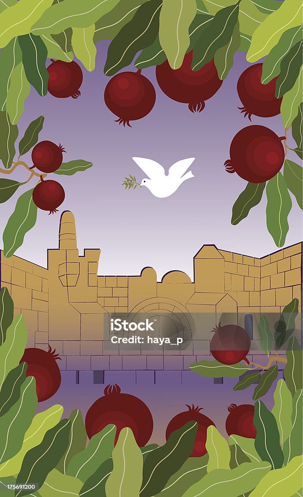 Гранаты оправой и голубь в полете над Иерусалим - Векторная графика Гранат - фрукт роялти-фри