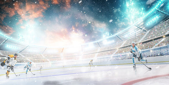 Beautiful hockey stadium which hockey players. Realistic ice and snow on background. Sport concept. Bright lighting with spotlights. Blank background. Rink