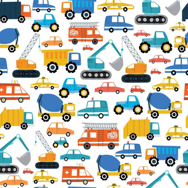 Vector illustration of Cars. Endless seamless pattern. Trucks, concrete mixer, crane, excavator, cars, taxis, city transport on a white background. Flat vector illustration