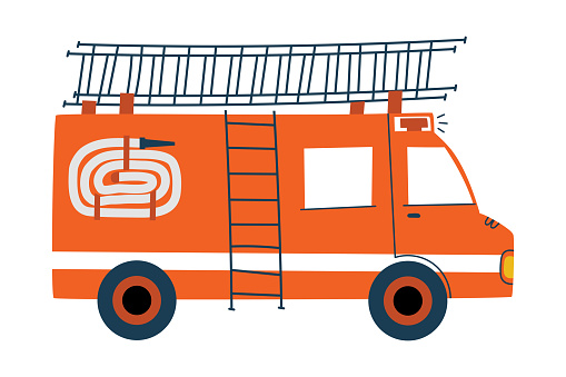 Red fire truck. Ladder on the roof of a car. Fire hydrant. Toy fire truck. Flat vector