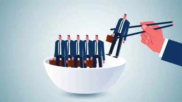 Vector illustration of Meritocracy, Selection of Candidates, Career Recruitment or Competition, Employee Evaluation or Performance Appraisal, Human Resources, Hand holding chopsticks to pull a merchant out of a bowl