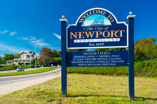 Welcome sign from Newport Rhode, Island on a sunny day.