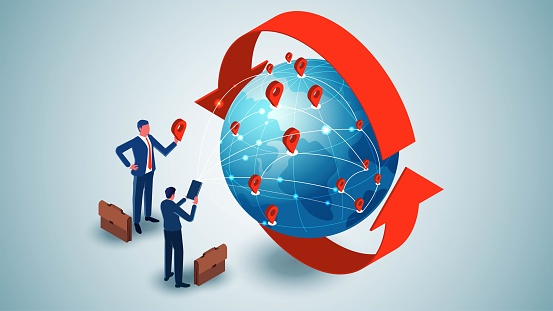 Global business cooperation and marketing, global investment opportunities, isometric businessmen standing by the globe surrounded by circular arrows shaking hands and talking to each other