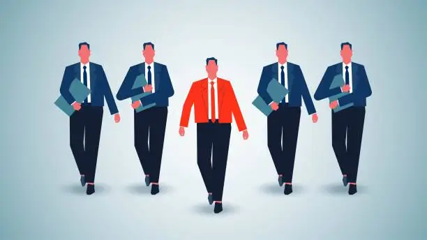 Vector illustration of Follow in the footsteps of the leader, team, corporate culture, teamwork to win success, ambitious and confident businessman following the leader forward