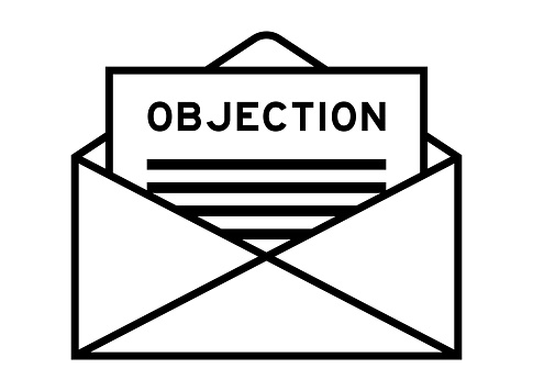 Envelope and letter sign with word objection as the headline