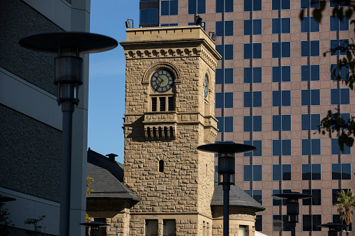 Daytime view of historic buildings in downtown San Jose, California, USA.