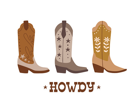 Cowboy boots vector isolated elements. Wild western poster. Text howdy. Retro western illustration. Hand drawn cowboy boots set, clip art. Rodeo decorative concept. Shoes in cartoon style.
