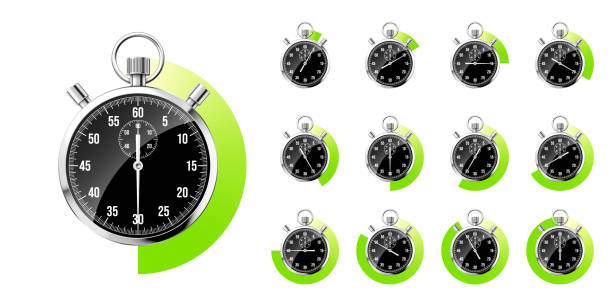 istock Realistic classic stopwatch. Shiny metal chronometer, black time counter with dial. Green countdown timer showing minutes, seconds. Time measurement for sport, start and finish. Vector illustration 1756991362