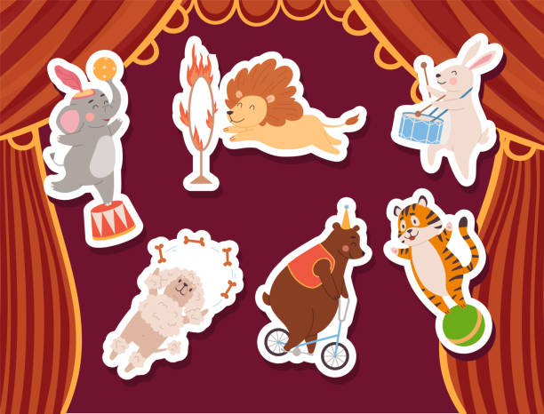 istock Tiger on ball, bear on bicycle, elephant holding ball, vector cartoon circus animals acrobat performing tricks stickers 1756996734