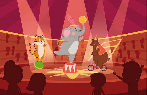 Tiger on a ball, bear on a bicycle, elephant holding a ball. Cartoon circus animals vector illustration. Carnival entertainment with wild animal acrobat performing tricks on stage