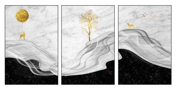 istock golden sun, tree and deer with clouds. 3d frame wall art. modern canvas art mural wallpaper landscape background. golden, black and gray curvy marble shapes. 1756997313