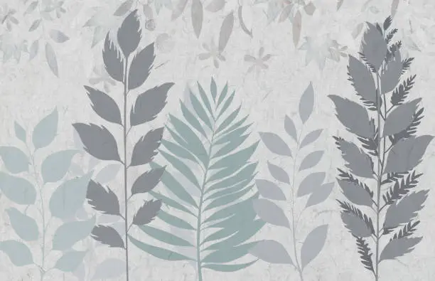 Photo of 3d Mural wallpaper. gray, golden and turquoise leaves branches on drawing background. bedroom home wall decoration