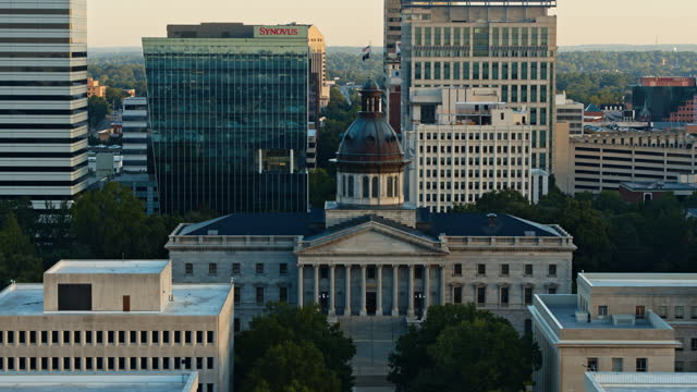 South Carolina State Capitol, on Main Street, stand opposite office and public buildings in Downtown Columbia, SC. Aerial footage with forward camera motion