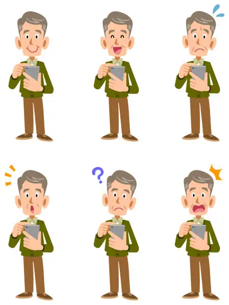 Vector illustration of Senior man operating a smartphone, 6 different facial expressions, whole body