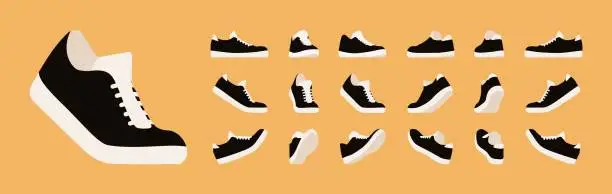 Vector illustration of Sport black shoes set, walking, racer running trainer, game sneakers