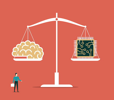 Balance scales human brain vs AI. Competition concept artificial intelligence digital technology.