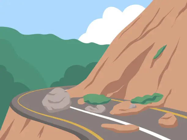 Vector illustration of Landslide natural disaster on the highway. the road to be covered by rocks and landslides