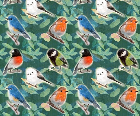 Pattern illustration of collage of fallen leaves and cute wild birds