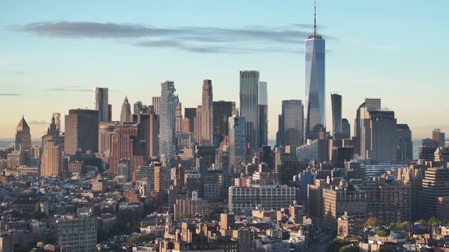 Aerial view of New York City's Freedom Tower at sunrise