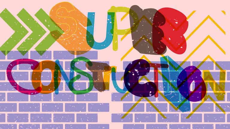 Risograph Super Construction word with geometric shapes animation.