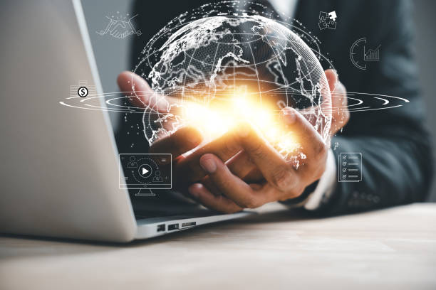 istock businessman holding Global network connection 1757111226