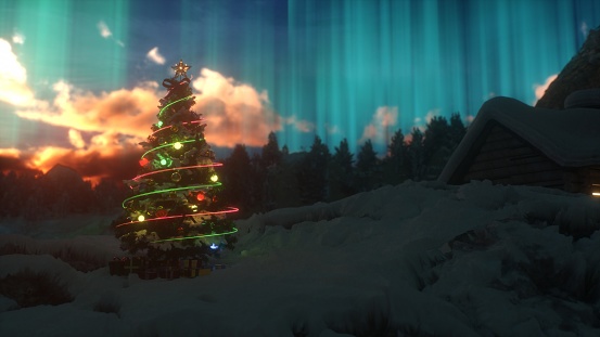 A serene forest lake scene, with a charming cabin standing beside a radiant Christmas tree. In the night sky, the aurora borealis dazzles, adding a touch of magic to the landscape. This image serves as an ideal holiday background, infusing any occasion with a unique and enchanting charm.3D rendering.