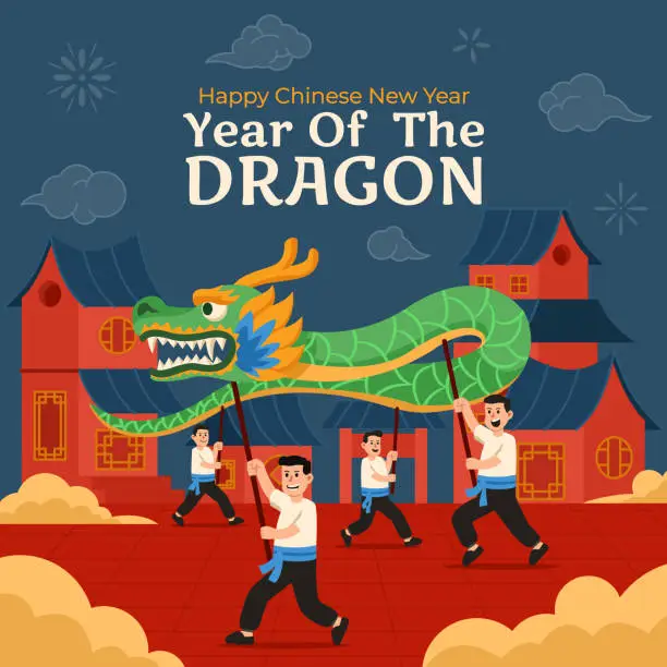 Vector illustration of Performing Dragon Dance At Chinatown