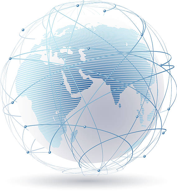 vektor-illustration von erde mit satelliten-webstreifen - connection in a row striped globe stock-grafiken, -clipart, -cartoons und -symbole