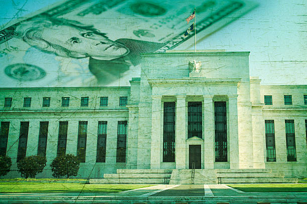 Federal Reserve building with twenty dollar bill on grunge texture stock photo