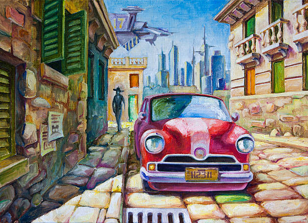Old Red Car at the Sunny Street The old red car is standing at the sunny street of the southern city near the old colonial style architecture buildings. The oil painting 70x50 cm. cuba illustrations stock illustrations