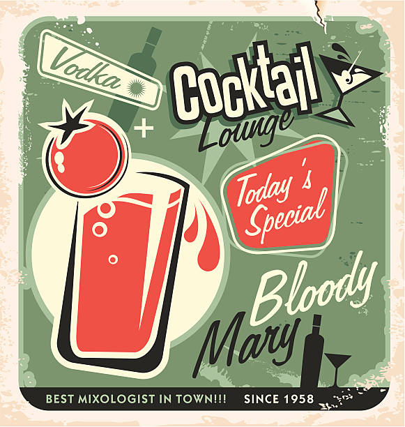 ilustraciones, imágenes clip art, dibujos animados e iconos de stock de de vector de póster retro diseño de estar de cócteles - bloody mary