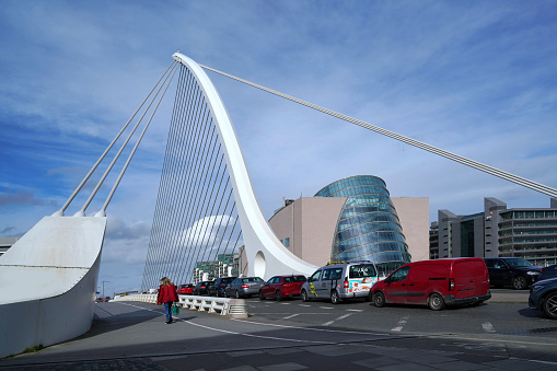Dublin, Ireland - March 2023: Traffic backed up on the Samuel Beckett Bridge in Dublin