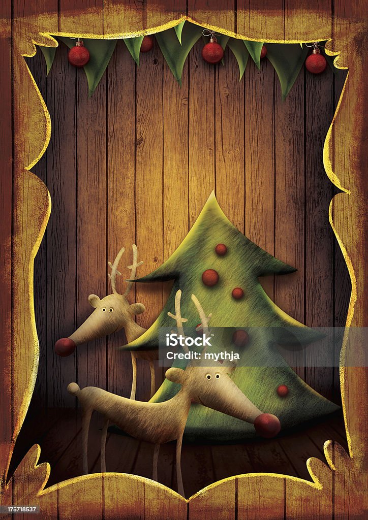 Weihnachtskarte-Rudolph mit Baum in Holz-Rahmen - Lizenzfrei Alt Stock-Illustration