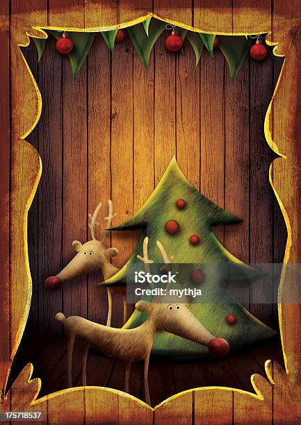 Weihnachtskarterudolph Mit Baum In Holzrahmen Stock Vektor Art und mehr Bilder von Alt - Alt, Altertümlich, Antiquität