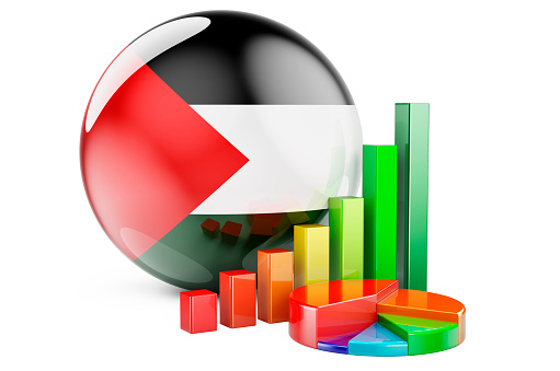 Palestinian flag with growth bar graph and pie chart. Business, finance, economic statistics in Palestine concept. 3D rendering isolated on white background