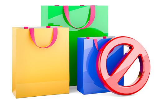 Shopping bags with forbidden symbol, 3D rendering isolated on white background