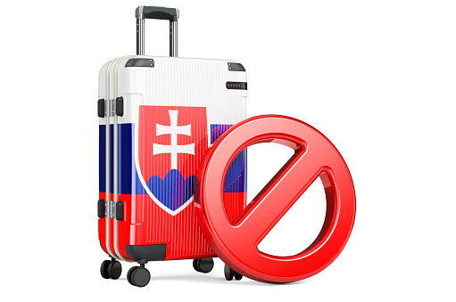 Slovenia Entry Ban. Suitcase with Slovenian flag and prohibition sign. 3D rendering isolated on white background