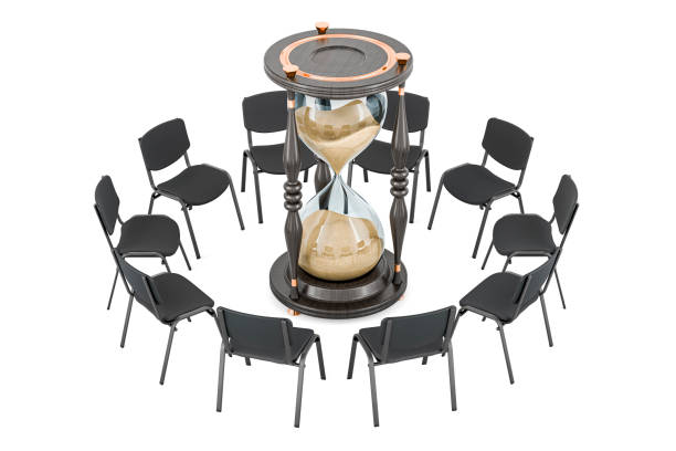 istock Meeting concept. Chairs in a circle with hourglass, 3D rendering 1757194324