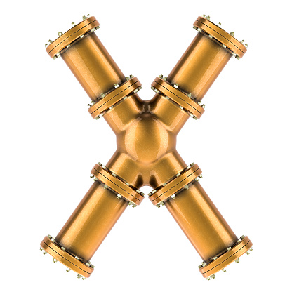 Letter X from copper, bronze or brass pipes, 3D rendering isolated on white background